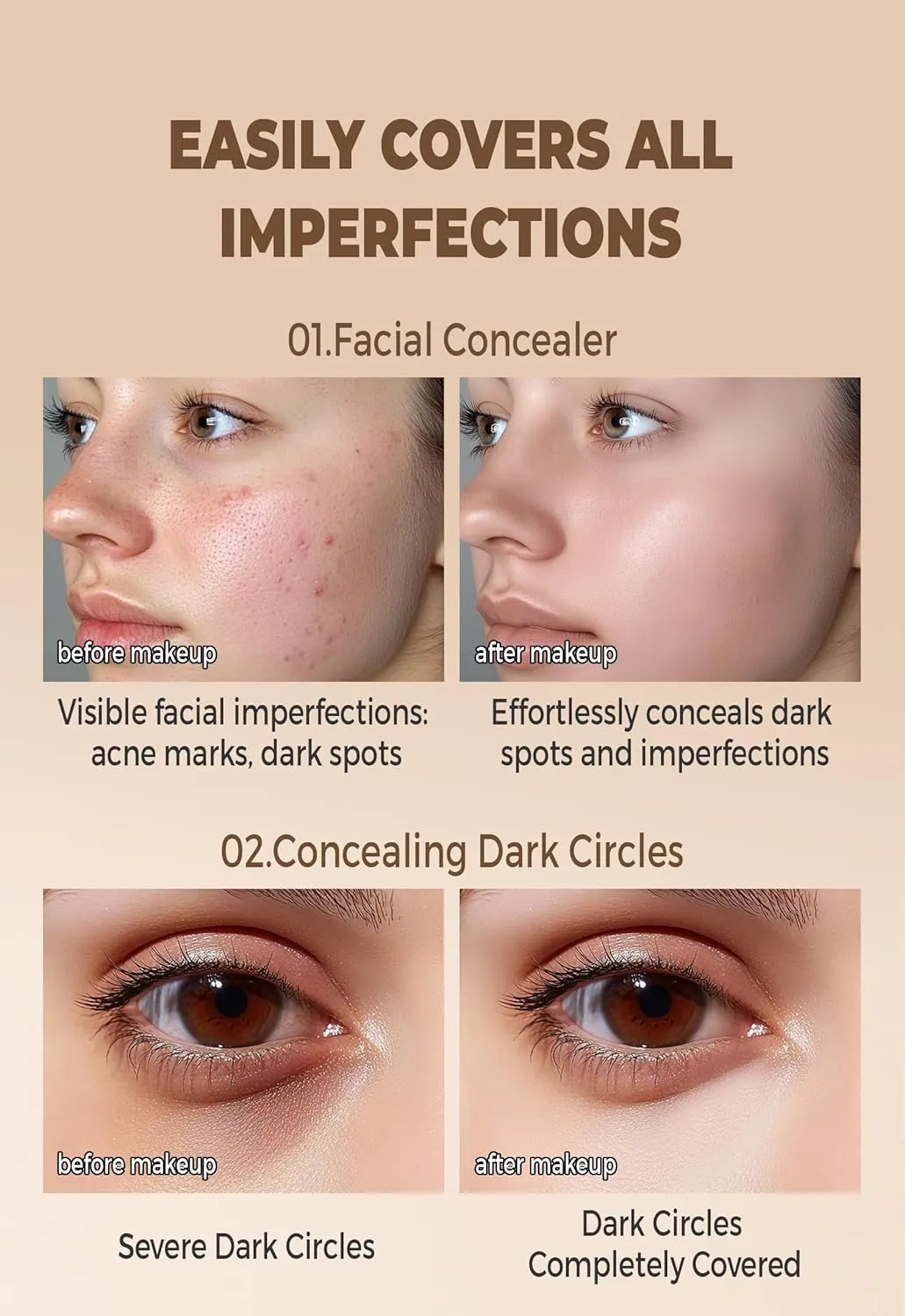 Full Coverage Concealer Cream,Waterproof Long-Lasting Hydrating Concealer for Women (140, 1.36 Fl Oz)
