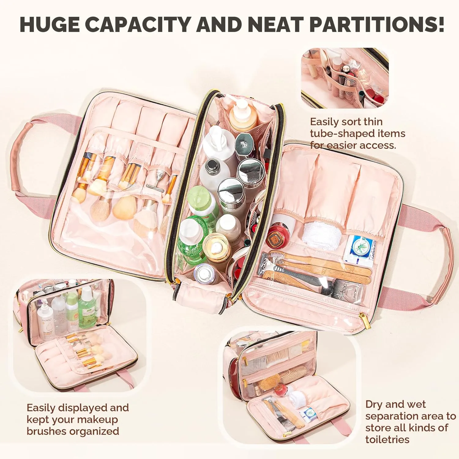 FUNSEED Travel Toiletry Hanging Bag for Men and Women, Extra Large Capacity Travel Checkered Makeup Cosmetic Bag with Compartments for Jewelry, Travel Essentials, Toiletries, Cosmetics