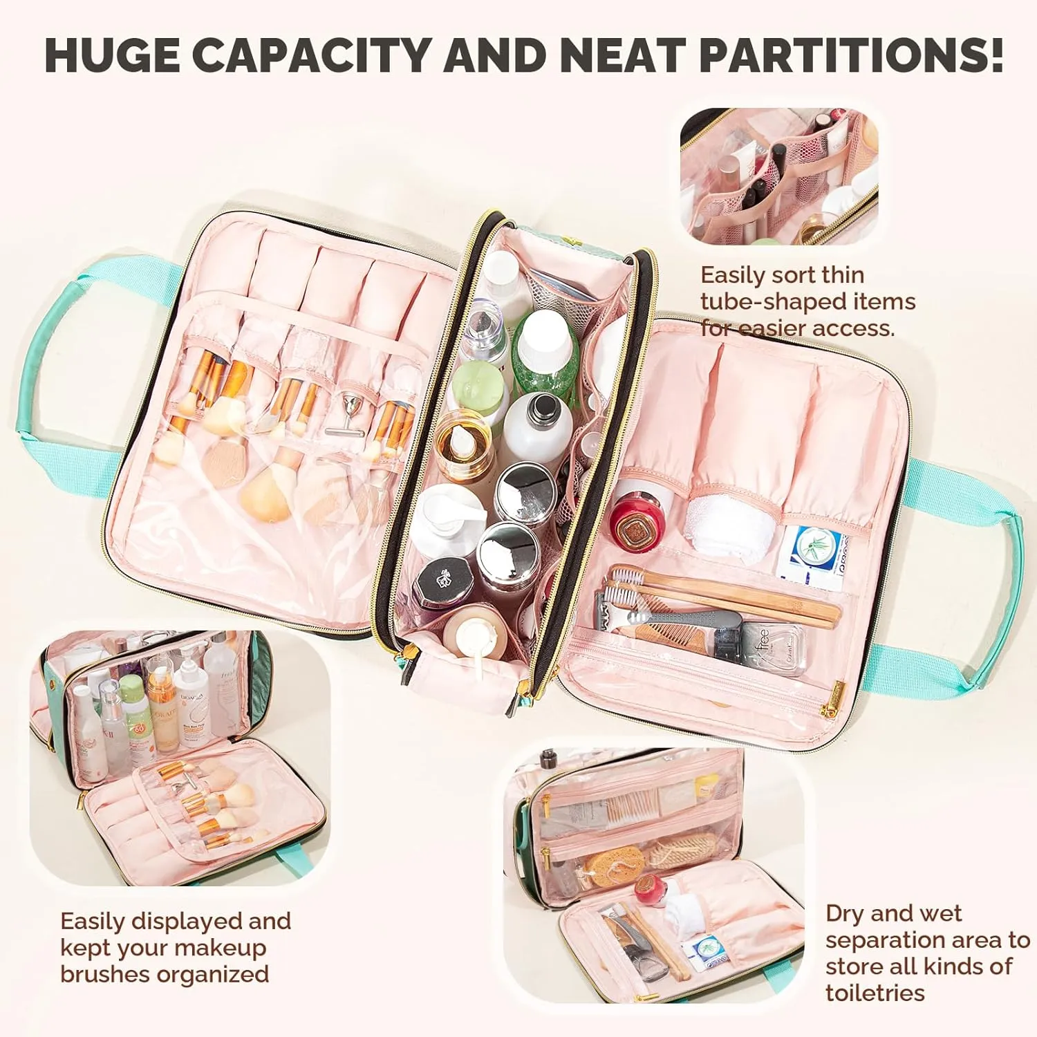 FUNSEED Travel Toiletry Hanging Bag for Men and Women, Extra Large Capacity Travel Checkered Makeup Cosmetic Bag with Compartments for Jewelry, Travel Essentials, Toiletries, Cosmetics