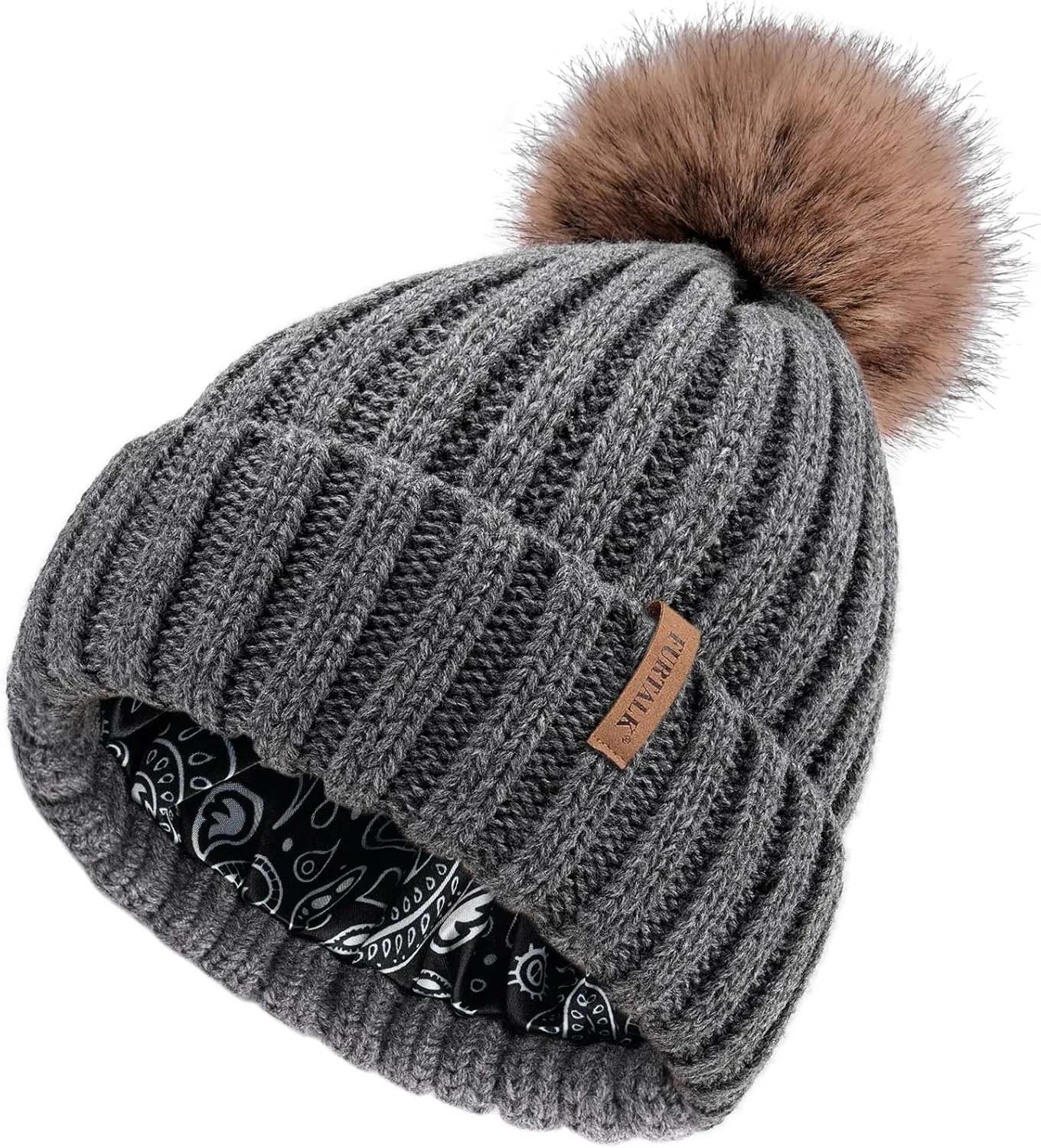 FURTALK Womens Winter Beanie Hat Satin Lined Faux Fur Pom Pom Beanies Hat for Women Winter Warm Knit Hats