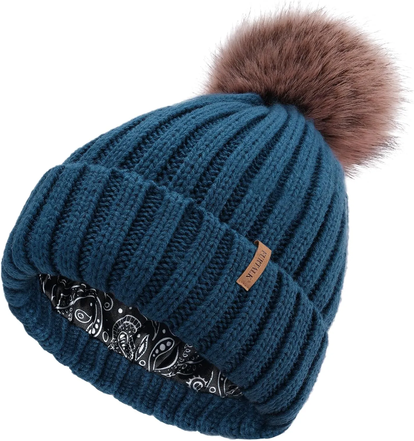 FURTALK Womens Winter Beanie Hat Satin Lined Faux Fur Pom Pom Beanies Hat for Women Winter Warm Knit Hats
