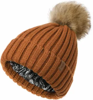 FURTALK Womens Winter Beanie Hat Satin Lined Faux Fur Pom Pom Beanies Hat for Women Winter Warm Knit Hats