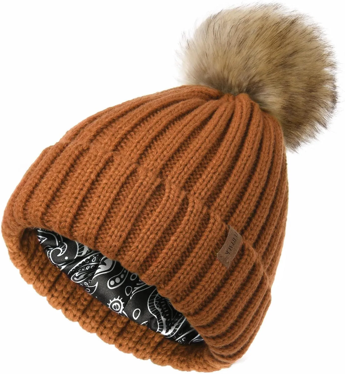 FURTALK Womens Winter Beanie Hat Satin Lined Faux Fur Pom Pom Beanies Hat for Women Winter Warm Knit Hats