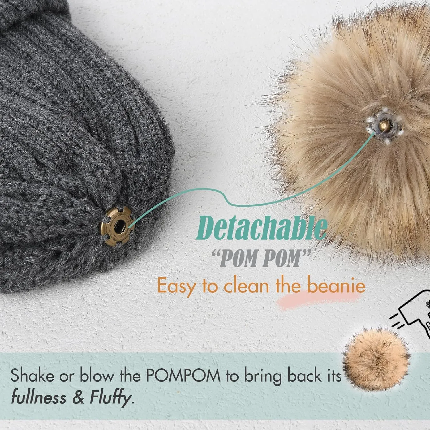 FURTALK Womens Winter Beanie Hat Satin Lined Faux Fur Pom Pom Beanies Hat for Women Winter Warm Knit Hats
