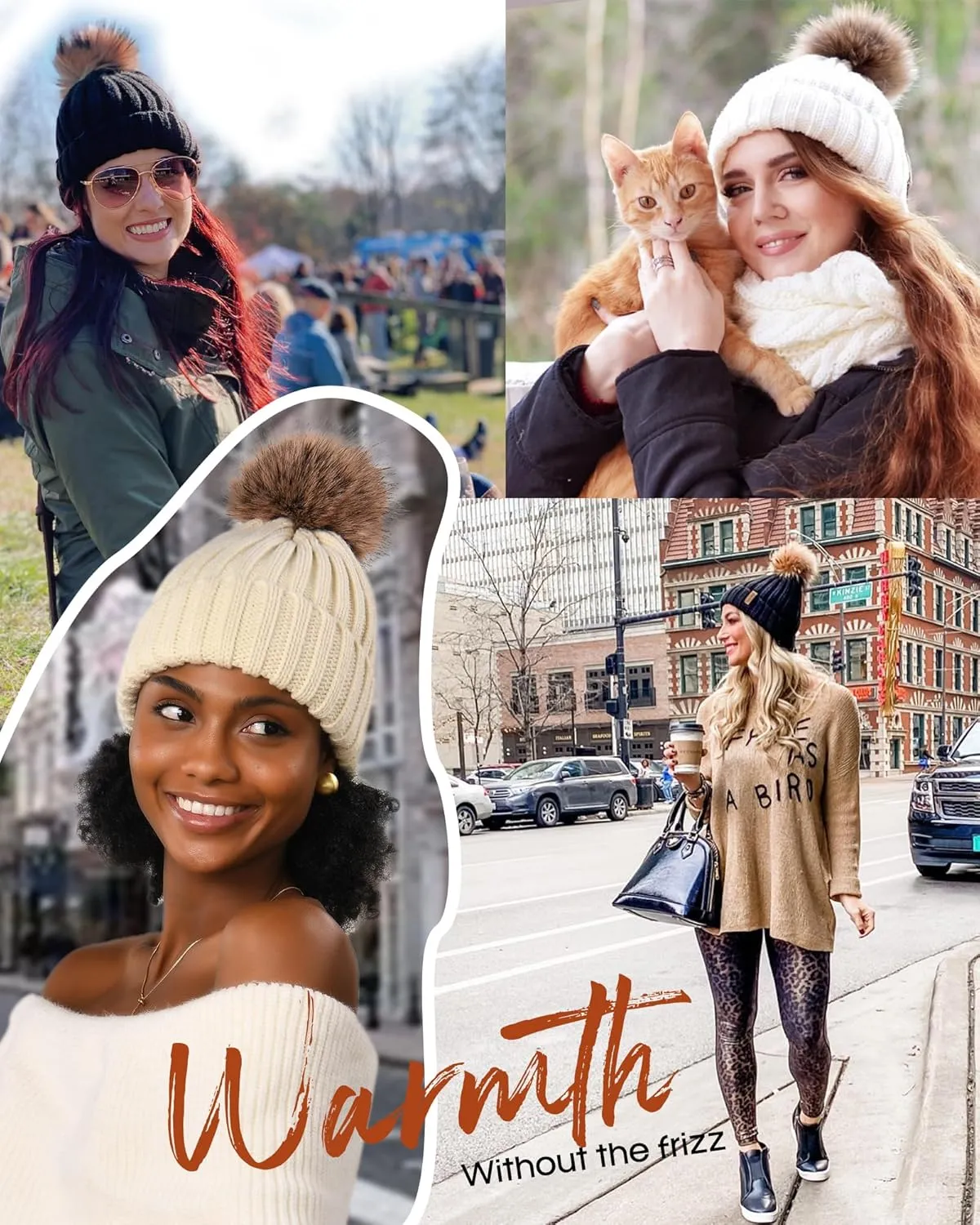 FURTALK Womens Winter Beanie Hat Satin Lined Faux Fur Pom Pom Beanies Hat for Women Winter Warm Knit Hats