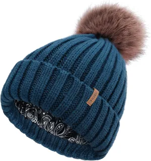 FURTALK Womens Winter Beanie Hat Satin Lined Faux Fur Pom Pom Beanies Hat for Women Winter Warm Knit Hats