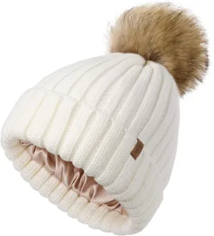 FURTALK Womens Winter Beanie Hat Satin Lined Faux Fur Pom Pom Beanies Hat for Women Winter Warm Knit Hats