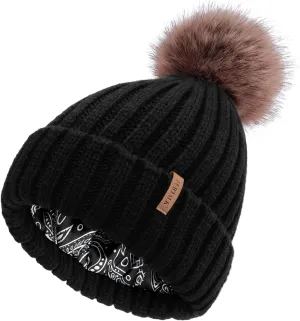 FURTALK Womens Winter Beanie Hat Satin Lined Faux Fur Pom Pom Beanies Hat for Women Winter Warm Knit Hats