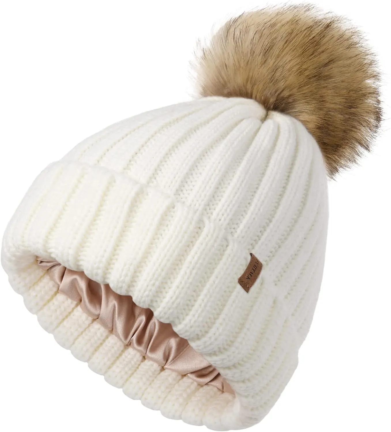FURTALK Womens Winter Beanie Hat Satin Lined Faux Fur Pom Pom Beanies Hat for Women Winter Warm Knit Hats