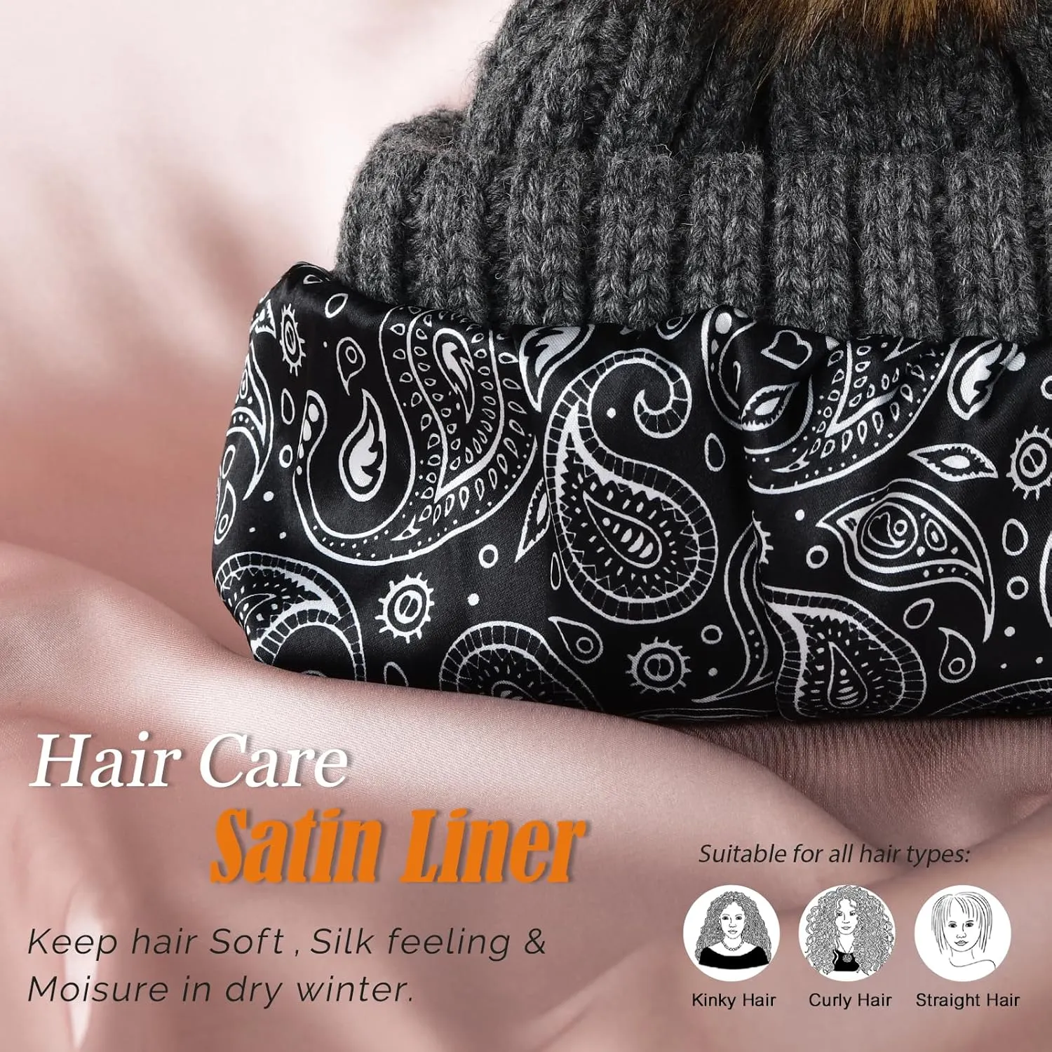 FURTALK Womens Winter Beanie Hat Satin Lined Faux Fur Pom Pom Beanies Hat for Women Winter Warm Knit Hats