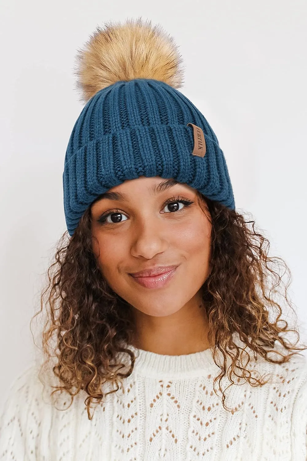 FURTALK Womens Winter Beanie Hat Satin Lined Faux Fur Pom Pom Beanies Hat for Women Winter Warm Knit Hats