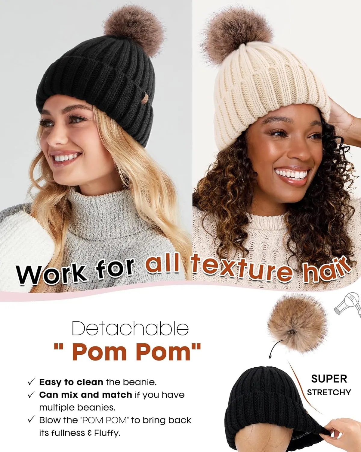 FURTALK Womens Winter Beanie Hat Satin Lined Faux Fur Pom Pom Beanies Hat for Women Winter Warm Knit Hats