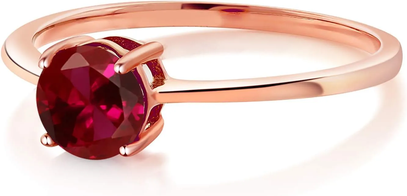 Gem Stone King 10K Rose Gold Red Created Ruby Solitaire Engagement Ring For Women (1.00 Cttw, Round 6MM, Gemstone July Birthstone, Available in Size 5,6,7,8,9)