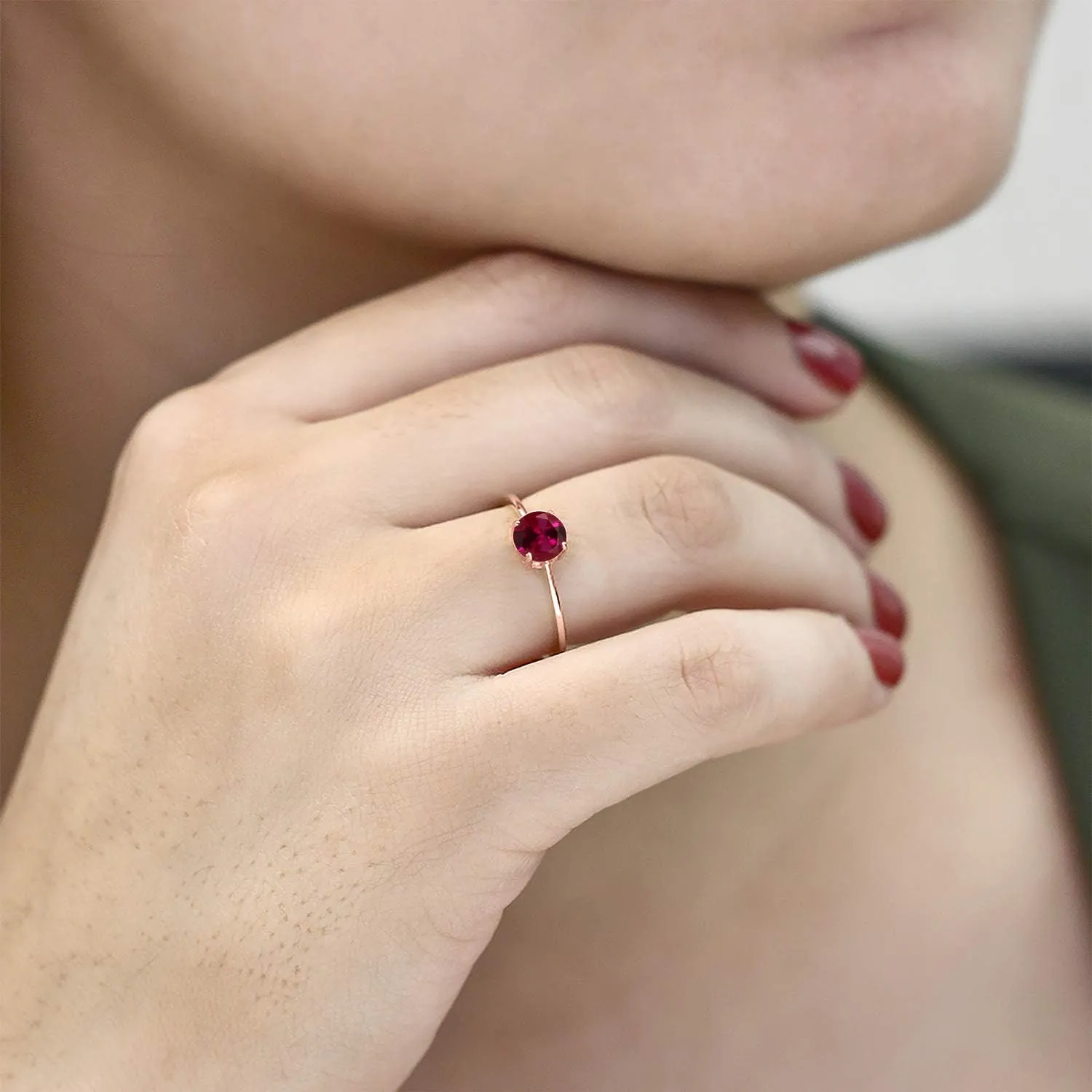 Gem Stone King 10K Rose Gold Red Created Ruby Solitaire Engagement Ring For Women (1.00 Cttw, Round 6MM, Gemstone July Birthstone, Available in Size 5,6,7,8,9)
