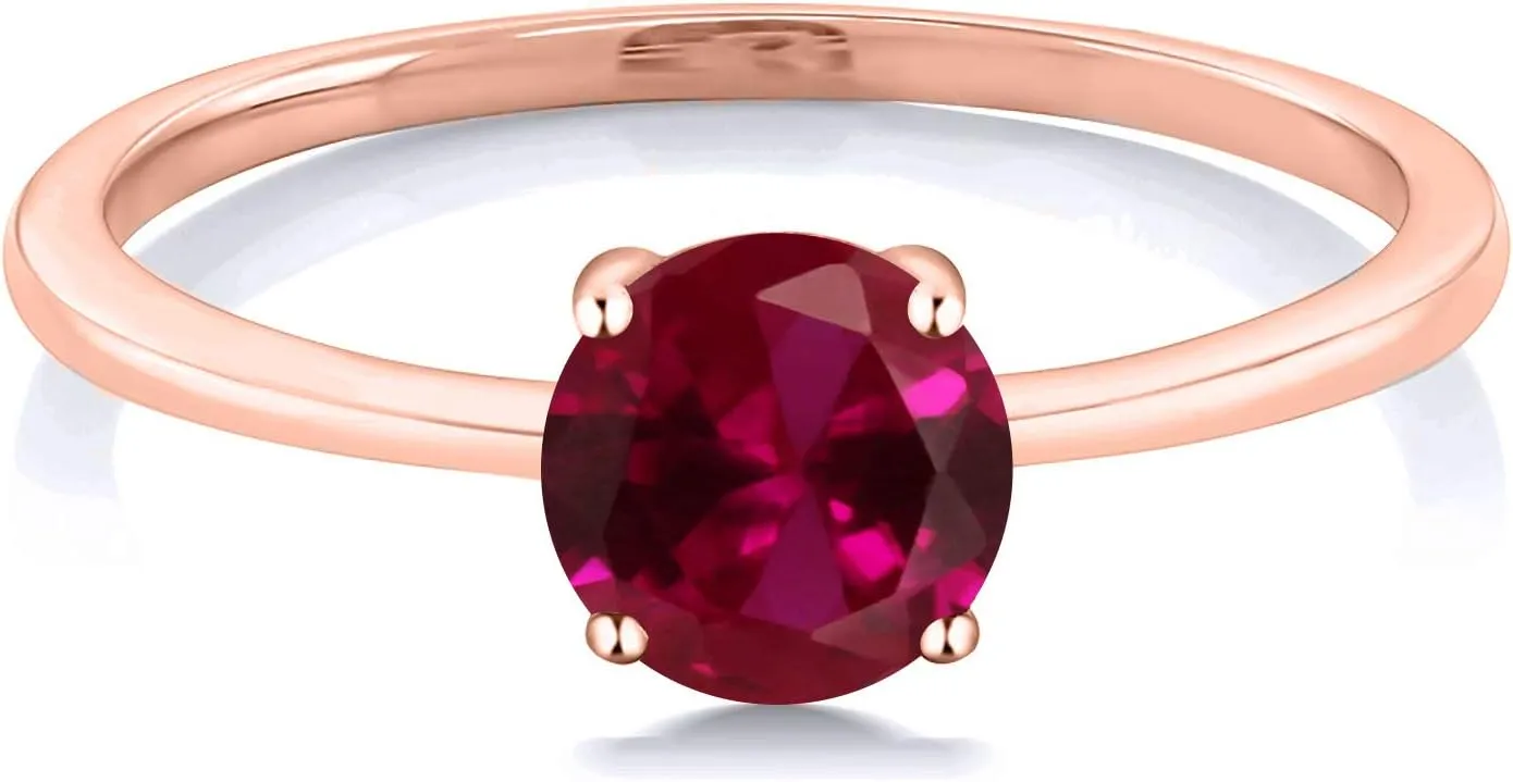 Gem Stone King 10K Rose Gold Red Created Ruby Solitaire Engagement Ring For Women (1.00 Cttw, Round 6MM, Gemstone July Birthstone, Available in Size 5,6,7,8,9)