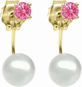 Gem Stone King 14K Yellow Gold 3MM Fancy Pink Zirconia and 5-5.5MM Cultured Freshwater Pearl Earrings for Women