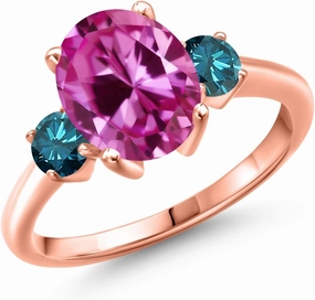Gem Stone King Gemstone Birthstone and Blue Diamond 3-Stone Engagement Ring For Women | 18K Rose Gold Plated Silver | Oval 10X8MM and Round 4MM | Wedding Anniversary Promise Ring | Sizes 5, 6, 7, 8, 9