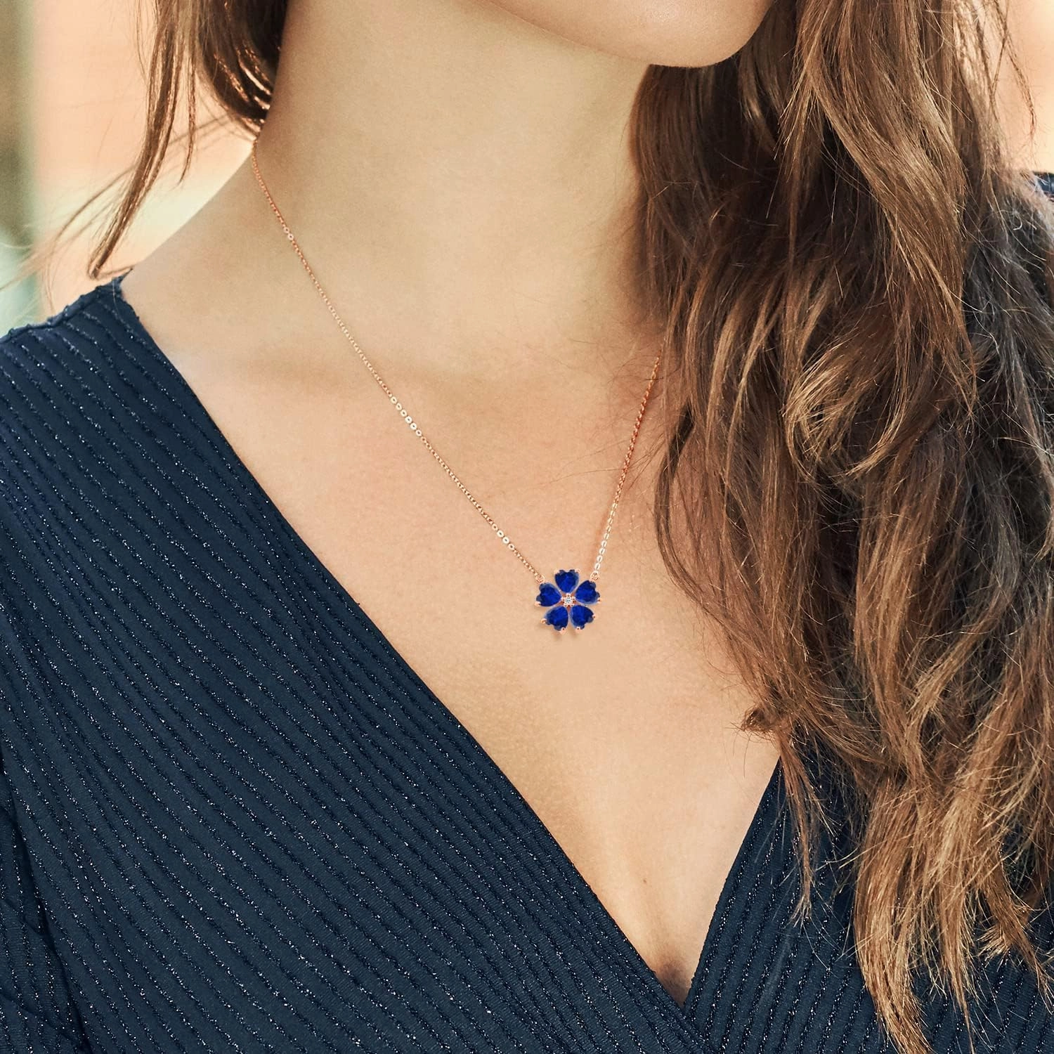 Gemstone Birthstone and White Topaz Flower Pendant Necklace for Women | 925 Sterling Silver | Heart Shape 6MM Petals and Round 2MM Center | With 18 Inch Chain | Fine Jewelry for Her Mom Wife