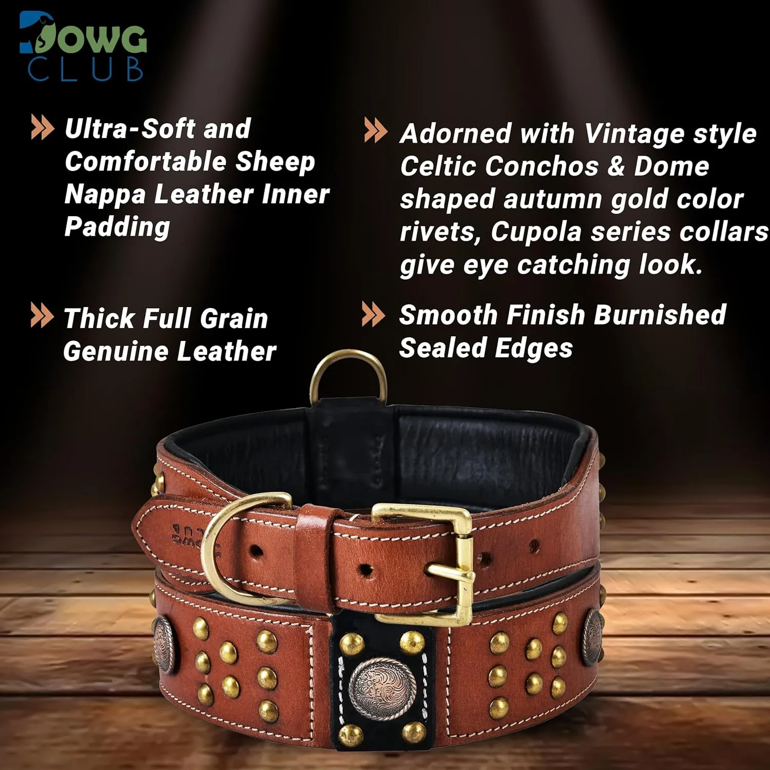 Genuine Leather ‘Cupola’ Series Dog Collar | Celtic Conchos & Gold Dome Rivets | Soft, Cushion Padding, Handmade | Best for Medium, Large, XL Breeds (XL (Neck Size 22.5"-25.5"), Sienna Brown)