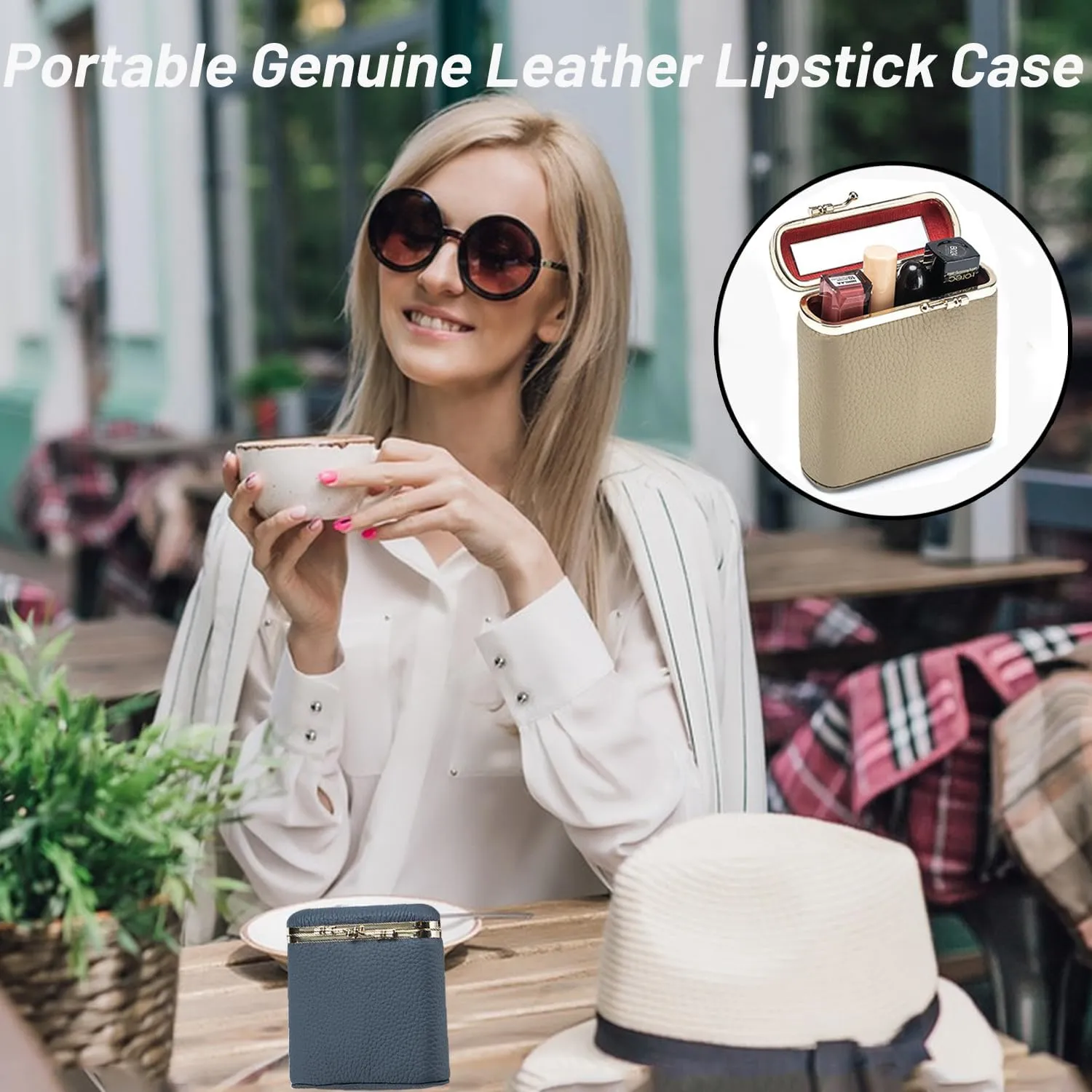 Genuine Leather Lipstick Case, Lipstick Organizer Holder with Mirror,Cosmetic Storage Kit Makeup Travel Cases Organizer Bag for Purse (Grey)