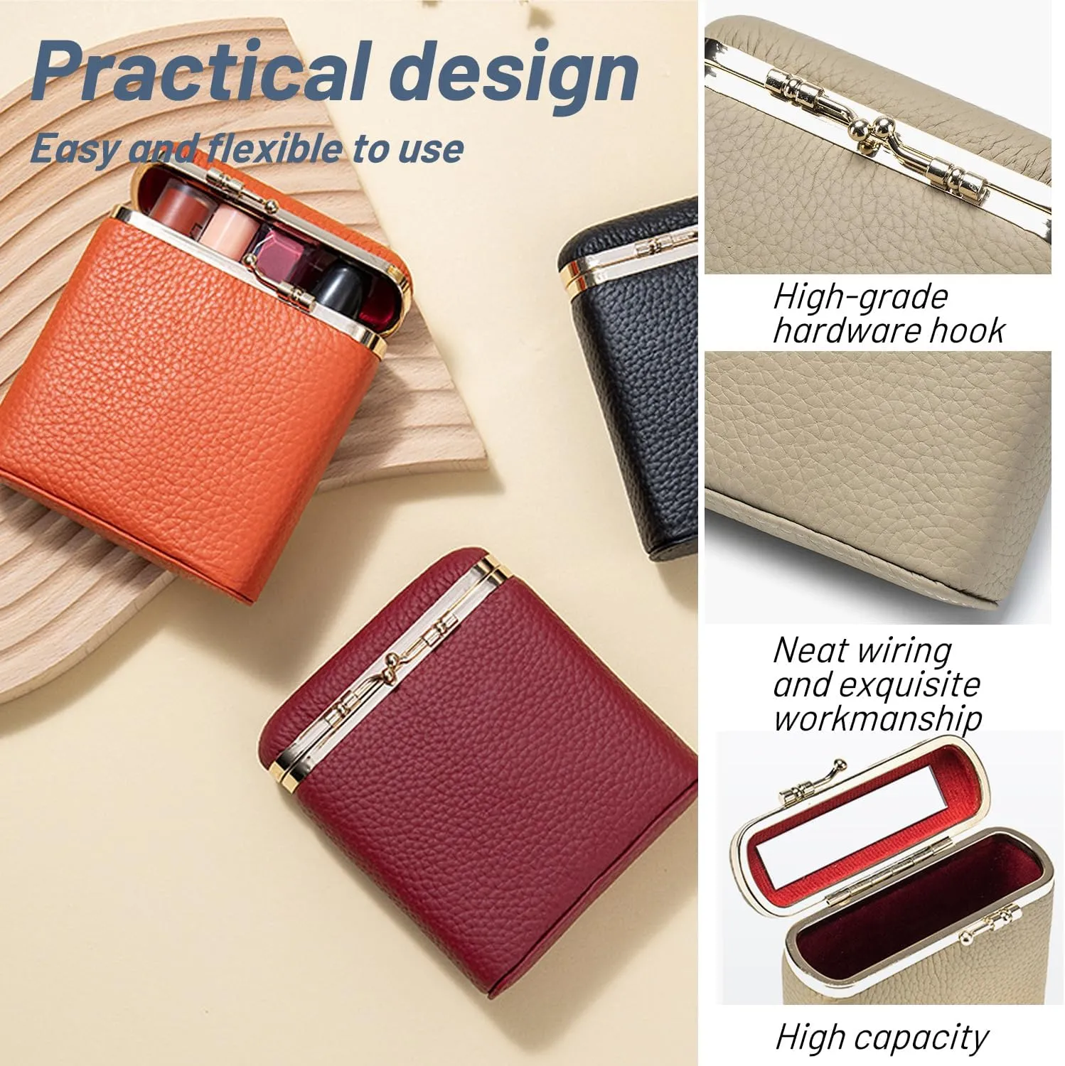 Genuine Leather Lipstick Case, Lipstick Organizer Holder with Mirror,Cosmetic Storage Kit Makeup Travel Cases Organizer Bag for Purse (Grey)
