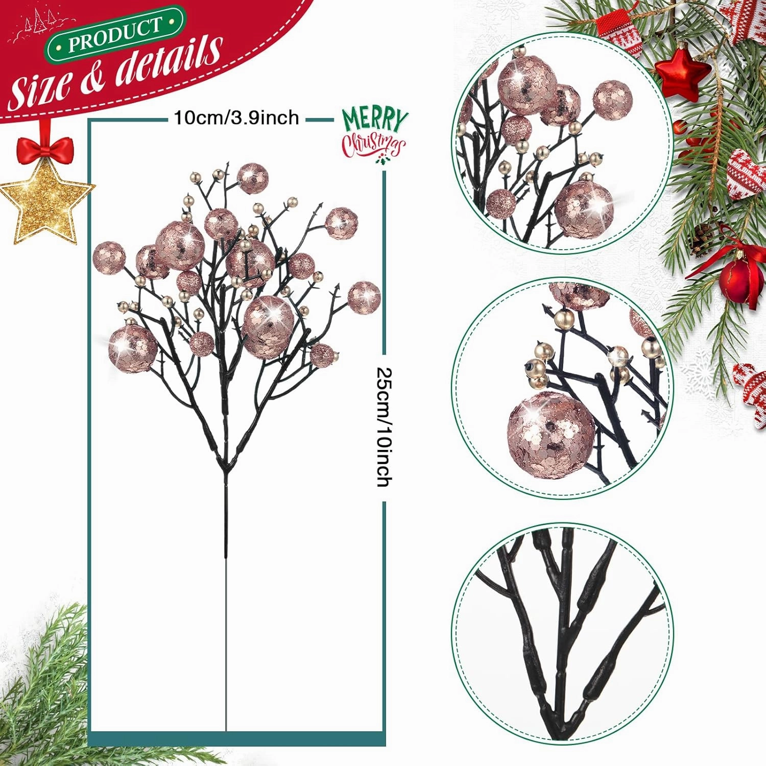 Geosar 24 Pieces Christmas Glitter Berries Stems 10 Inch Christmas Berry Picks Artificial Glittered Berries Ornaments Floral Stems for Xmas Tree,Home Wreath,Party Decoration(Rose Gold)
