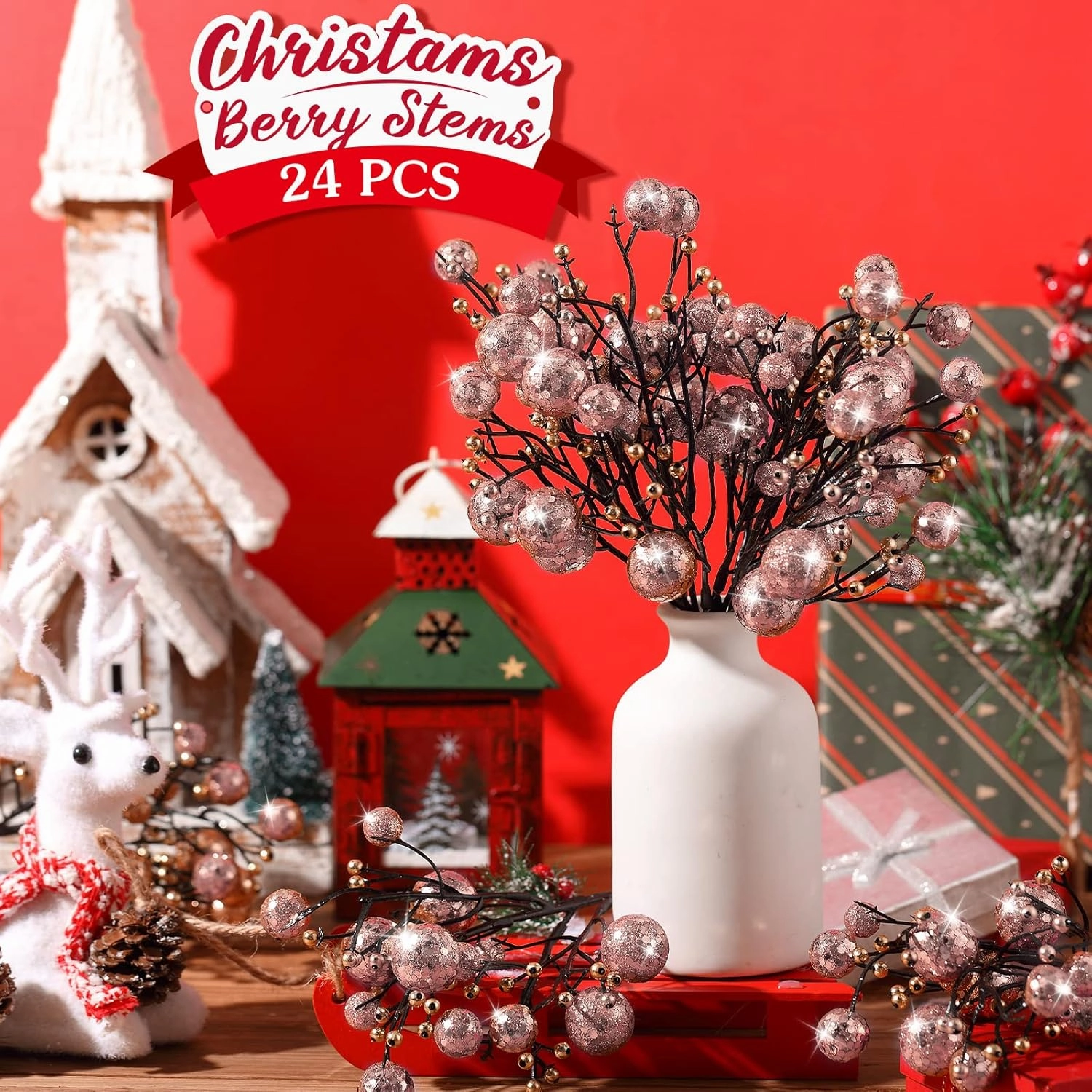 Geosar 24 Pieces Christmas Glitter Berries Stems 10 Inch Christmas Berry Picks Artificial Glittered Berries Ornaments Floral Stems for Xmas Tree,Home Wreath,Party Decoration(Rose Gold)