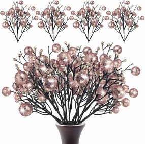 Geosar 24 Pieces Christmas Glitter Berries Stems 10 Inch Christmas Berry Picks Artificial Glittered Berries Ornaments Floral Stems for Xmas Tree,Home Wreath,Party Decoration(Rose Gold)
