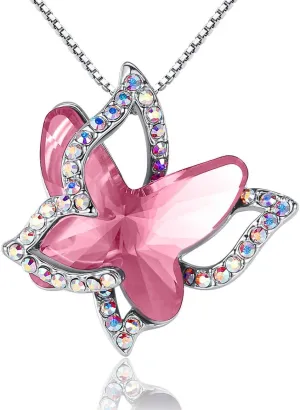Gift Butterfly Birthstone Crystal Necklace, Silver Tone with 18” 2” Chain, Necklace for Mother’s Day Anniversary Birthday Gifts for Women and Daughter