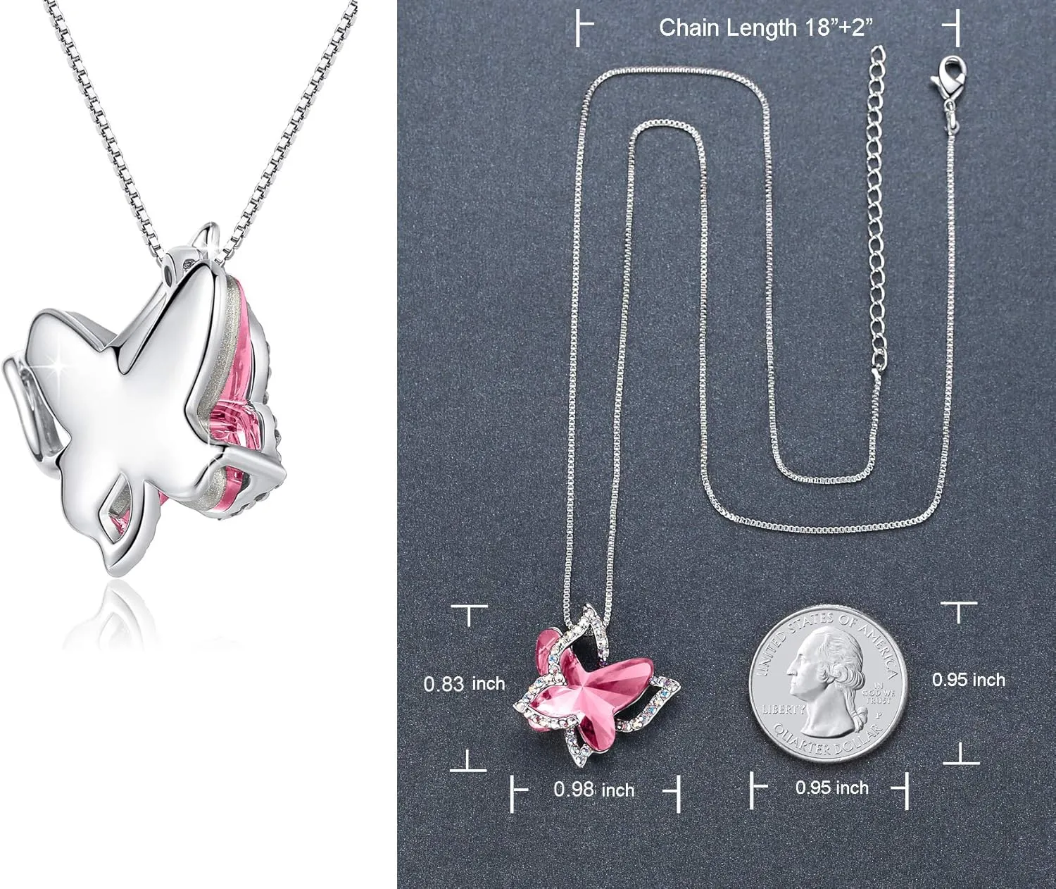 Gift Butterfly Birthstone Crystal Necklace, Silver Tone with 18” 2” Chain, Necklace for Mother’s Day Anniversary Birthday Gifts for Women and Daughter