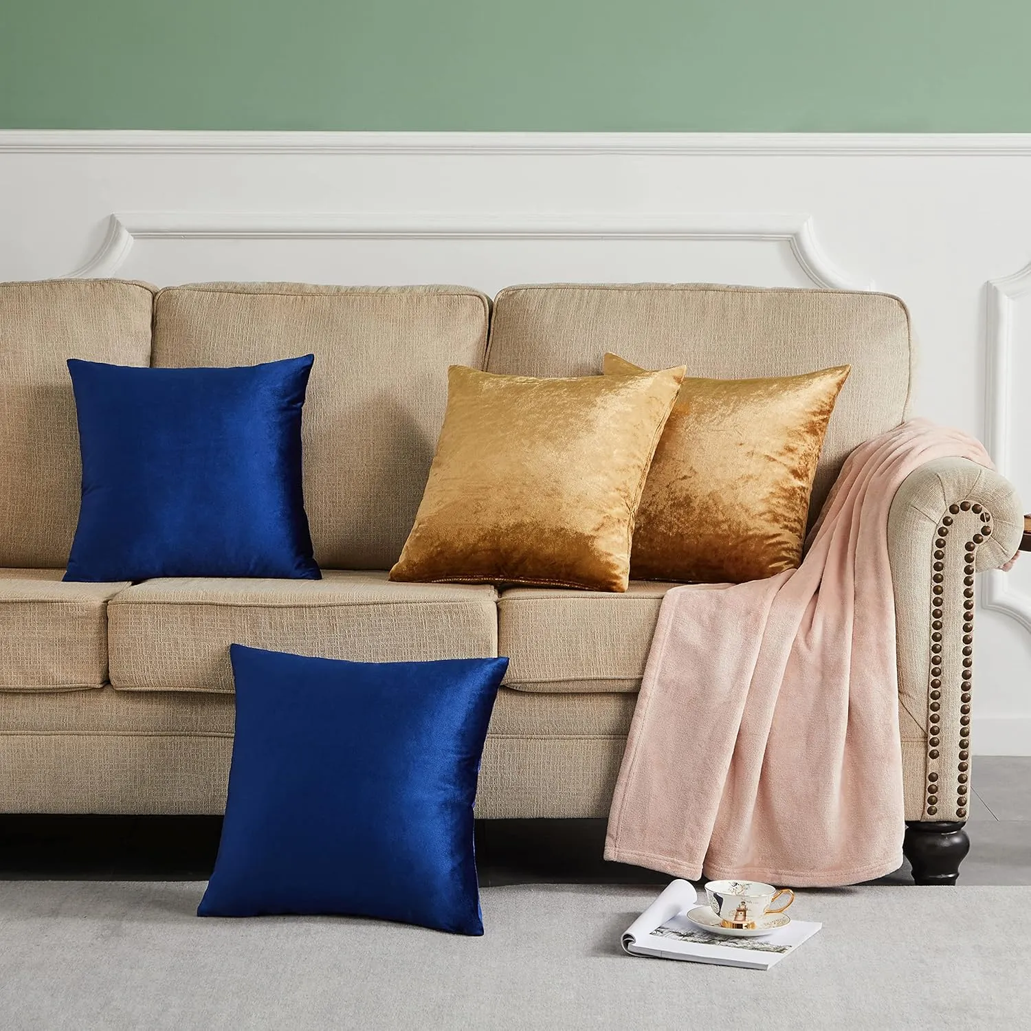 GIGIZAZA Decorative Throw Pillow Covers 18 x 18,Gold Blue Soft Pillow Covers, Set of 4 Square Velvet Cushion Covers