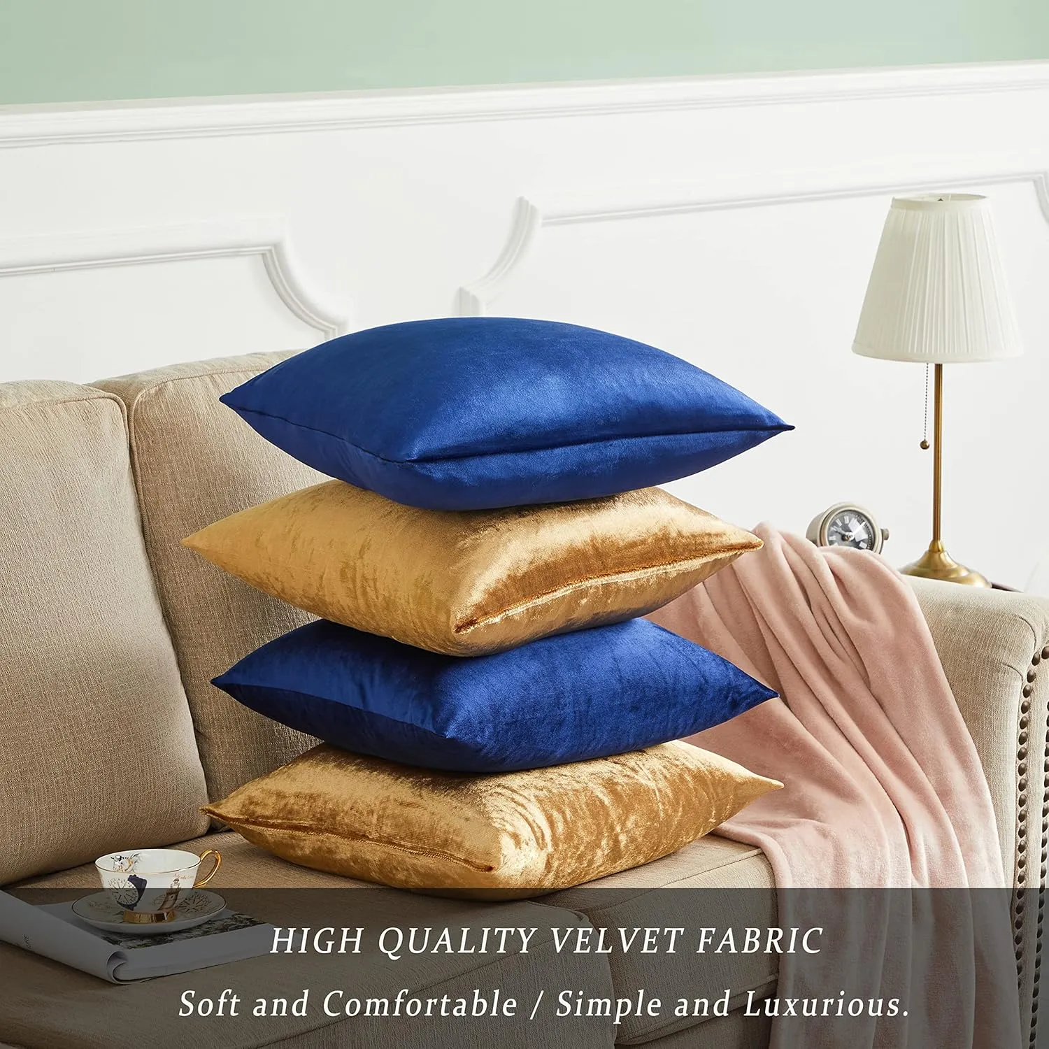 GIGIZAZA Decorative Throw Pillow Covers 18 x 18,Gold Blue Soft Pillow Covers, Set of 4 Square Velvet Cushion Covers
