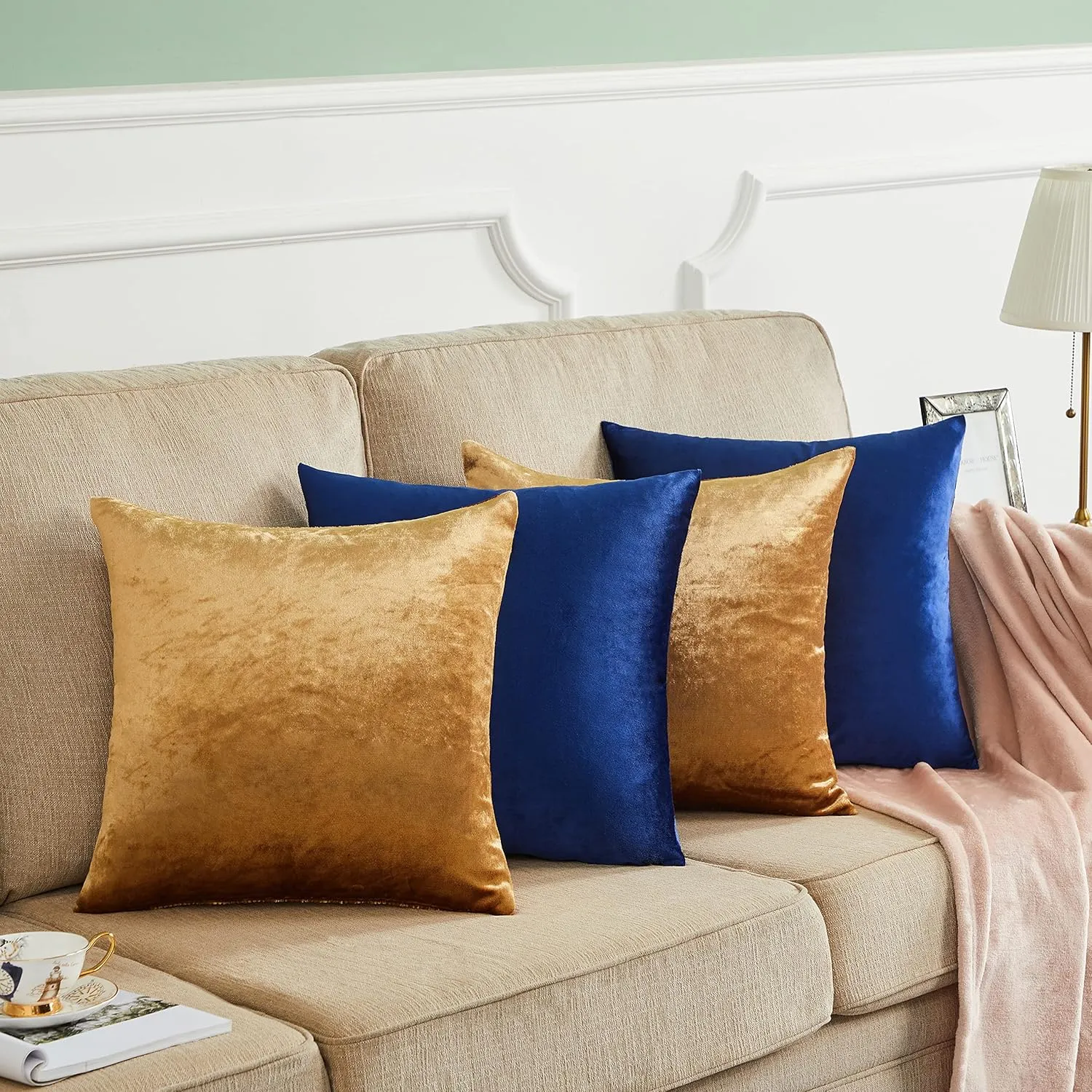 GIGIZAZA Decorative Throw Pillow Covers 18 x 18,Gold Blue Soft Pillow Covers, Set of 4 Square Velvet Cushion Covers