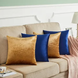 GIGIZAZA Decorative Throw Pillow Covers 18 x 18,Gold Blue Soft Pillow Covers, Set of 4 Square Velvet Cushion Covers