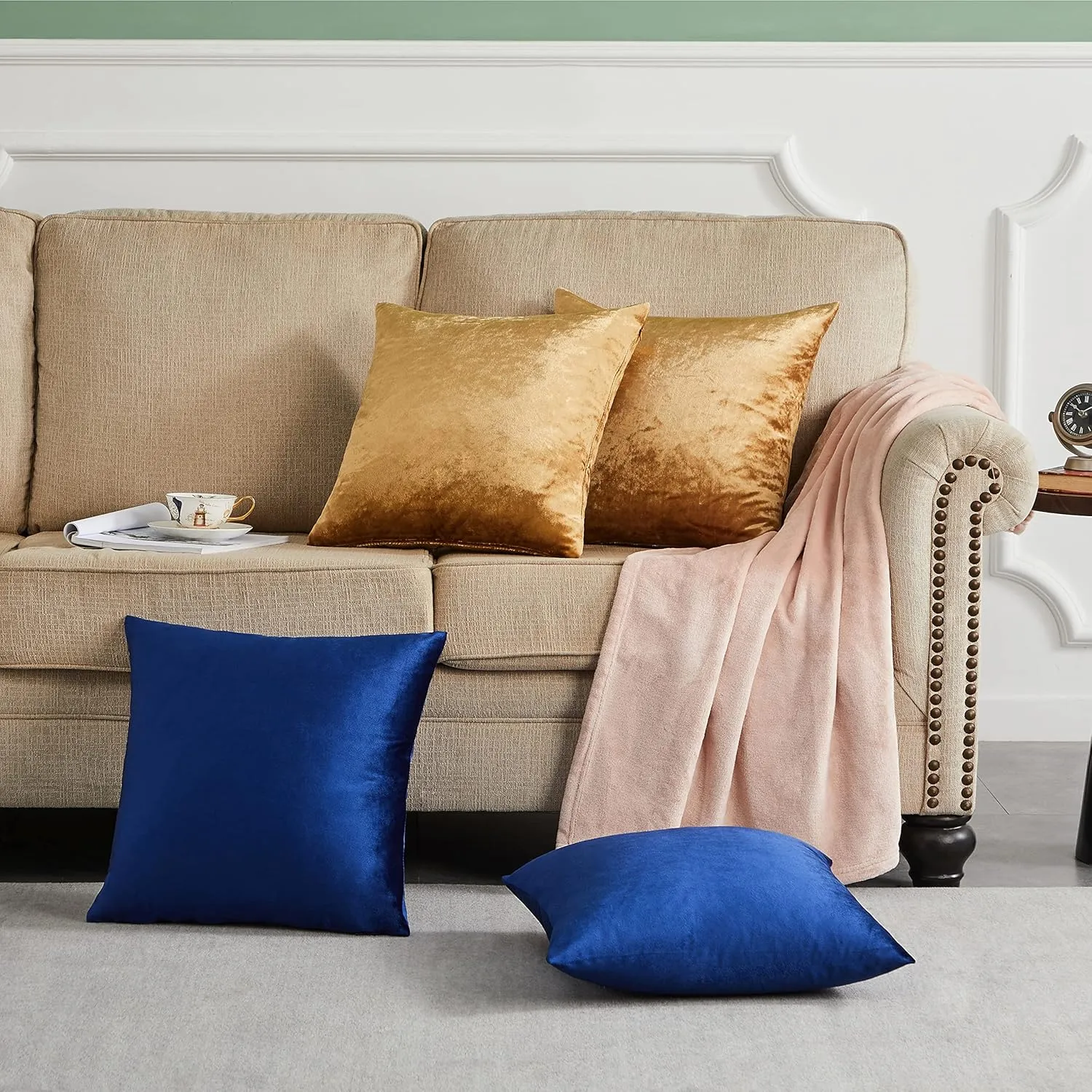 GIGIZAZA Decorative Throw Pillow Covers 18 x 18,Gold Blue Soft Pillow Covers, Set of 4 Square Velvet Cushion Covers