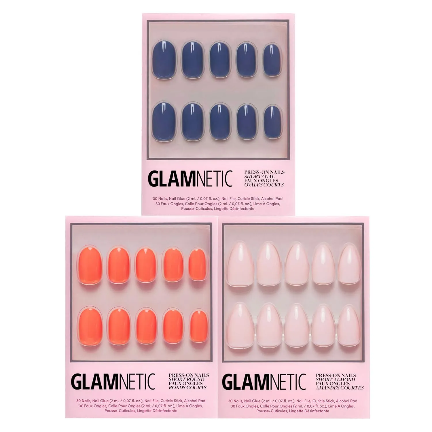 Glamnetic Press-On Nails Bundle - Apricot, Ballet Pink & Regal Blue | Orange Solid Opaque Round Nails | Opaque Light Blush Pink Short Almond False Nails | Dark, Moody Blue Short Round Fake Nails