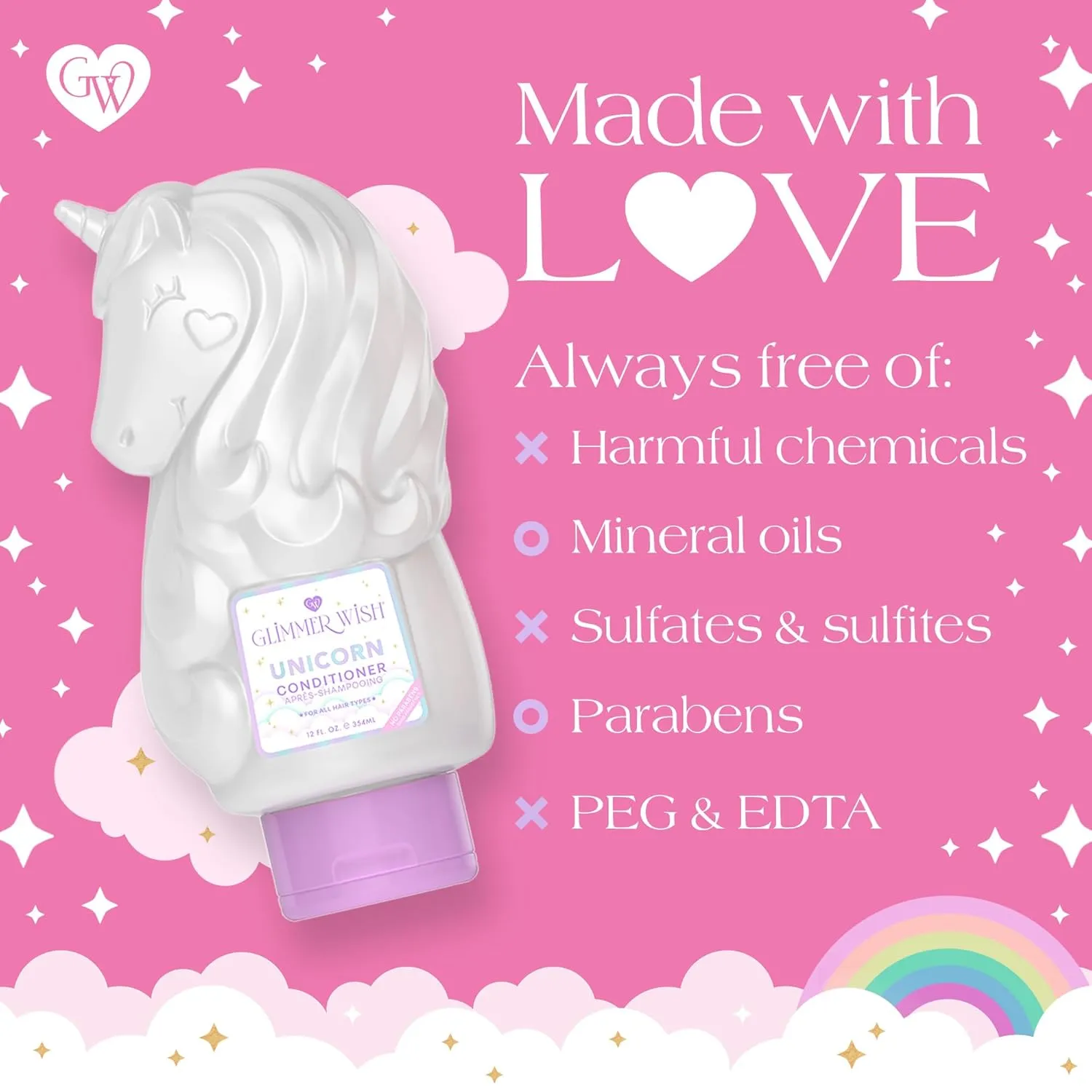 Glimmer Wish Unicorn Kids Conditioner, Paraben and Sulfate Free Conditioner for Strong and Smooth Hair, Kids Hair Care, Cotton Candy Scent, 12 Fl Oz