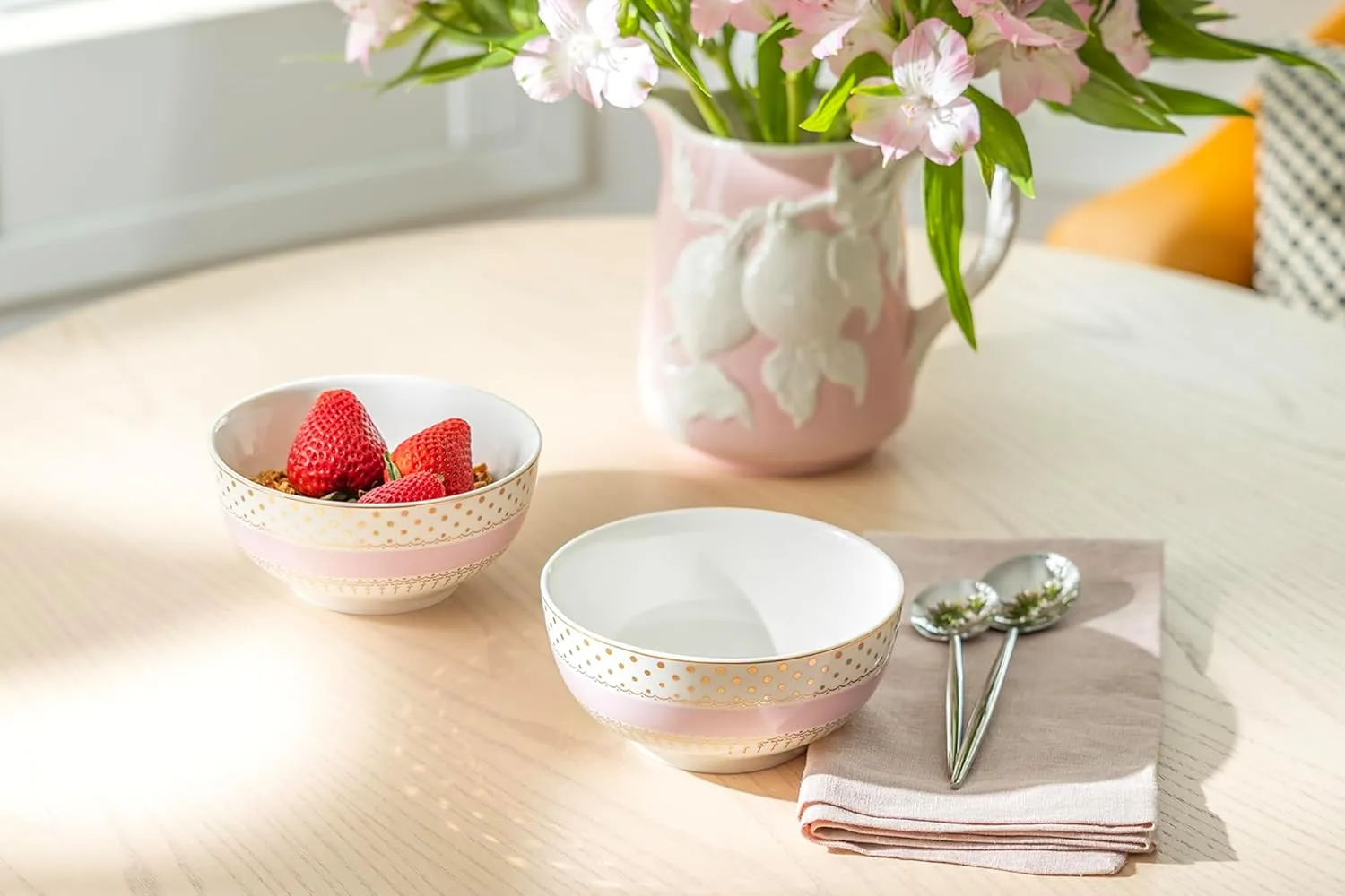 Gold Pin Dots Bowl, Color Stripe with Gold Dots Fine Porcelain Bowl, 6-inch Soup, Cereal, Dessert, Side Dish (Pink)
