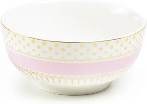 Gold Pin Dots Bowl, Color Stripe with Gold Dots Fine Porcelain Bowl, 6-inch Soup, Cereal, Dessert, Side Dish (Pink)