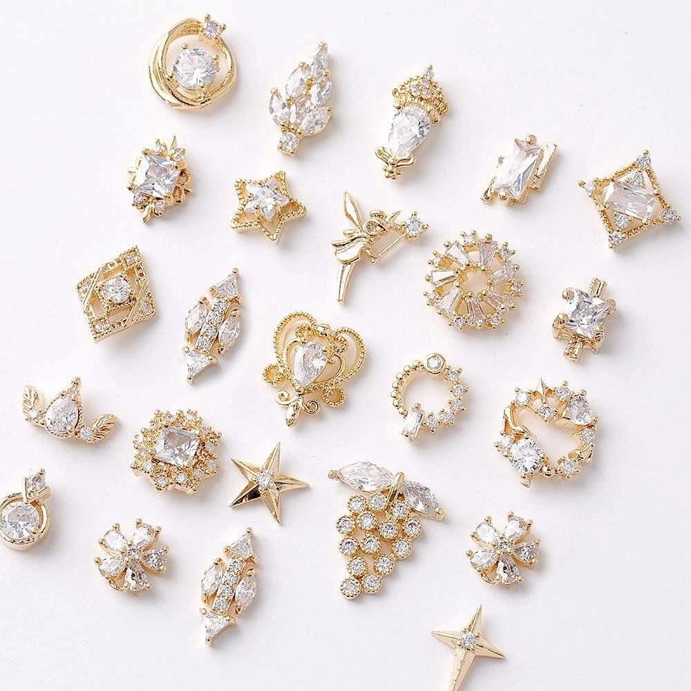 Gold Nail Art Charms Nail Art Metal Luxury White Zircon Rhinestones for Nails Shiny Nail Art Crystal Gems Jewelry Nail Diamond Rhinestone Charms for Girls Woman DIY Nail Art Decoration(22pieces)