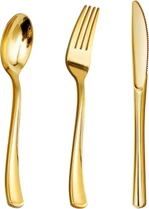 Goodluck 500PCS Gold Plastic Silverware, Gold Utensils Disposable, Plastic Cutlery Set of 200 Forks, 150 Spoons, 150 Knives for Party, Wedding, Birthday