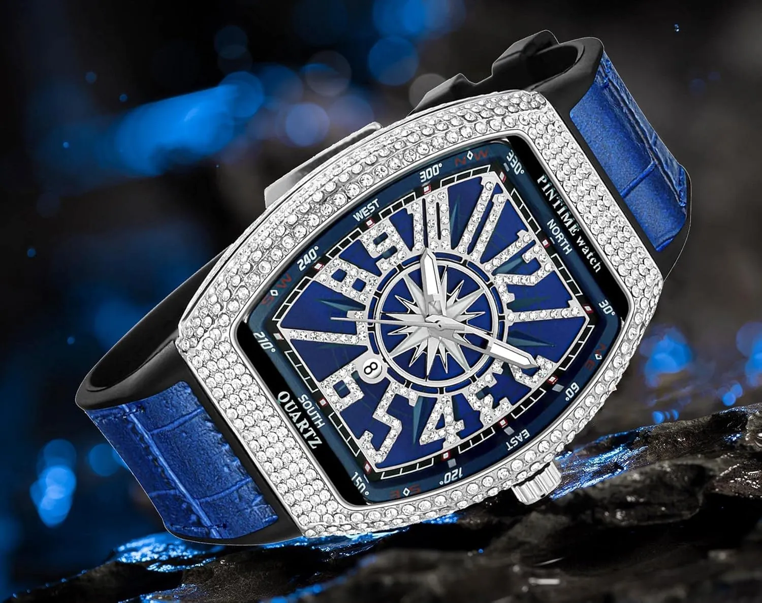 Gosasa Men's Fashion Cool Unique Tonneau Watch Bling Crystal Rhinestone Quartz Wristwatches with Rubber Strap