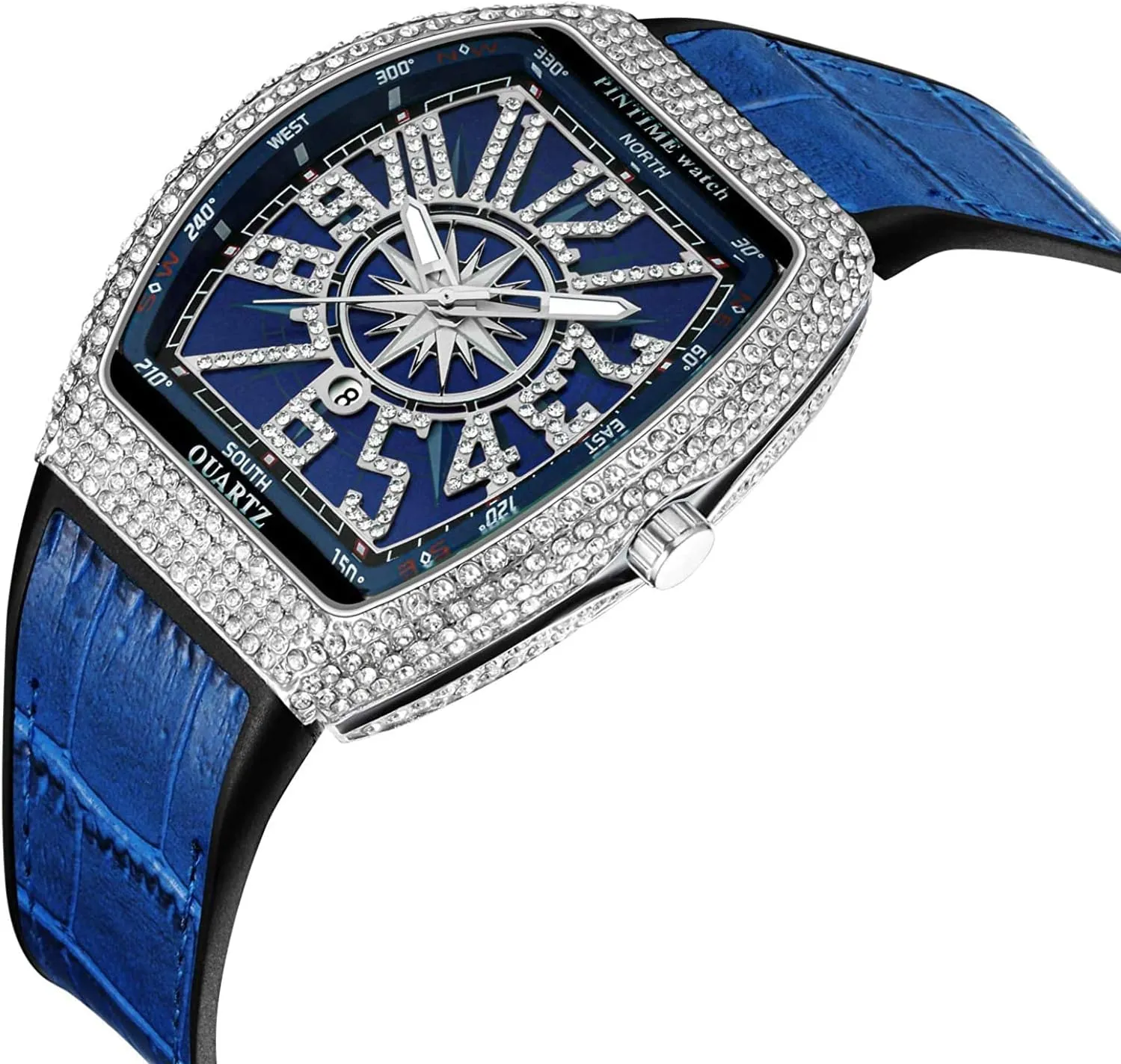 Gosasa Men's Fashion Cool Unique Tonneau Watch Bling Crystal Rhinestone Quartz Wristwatches with Rubber Strap
