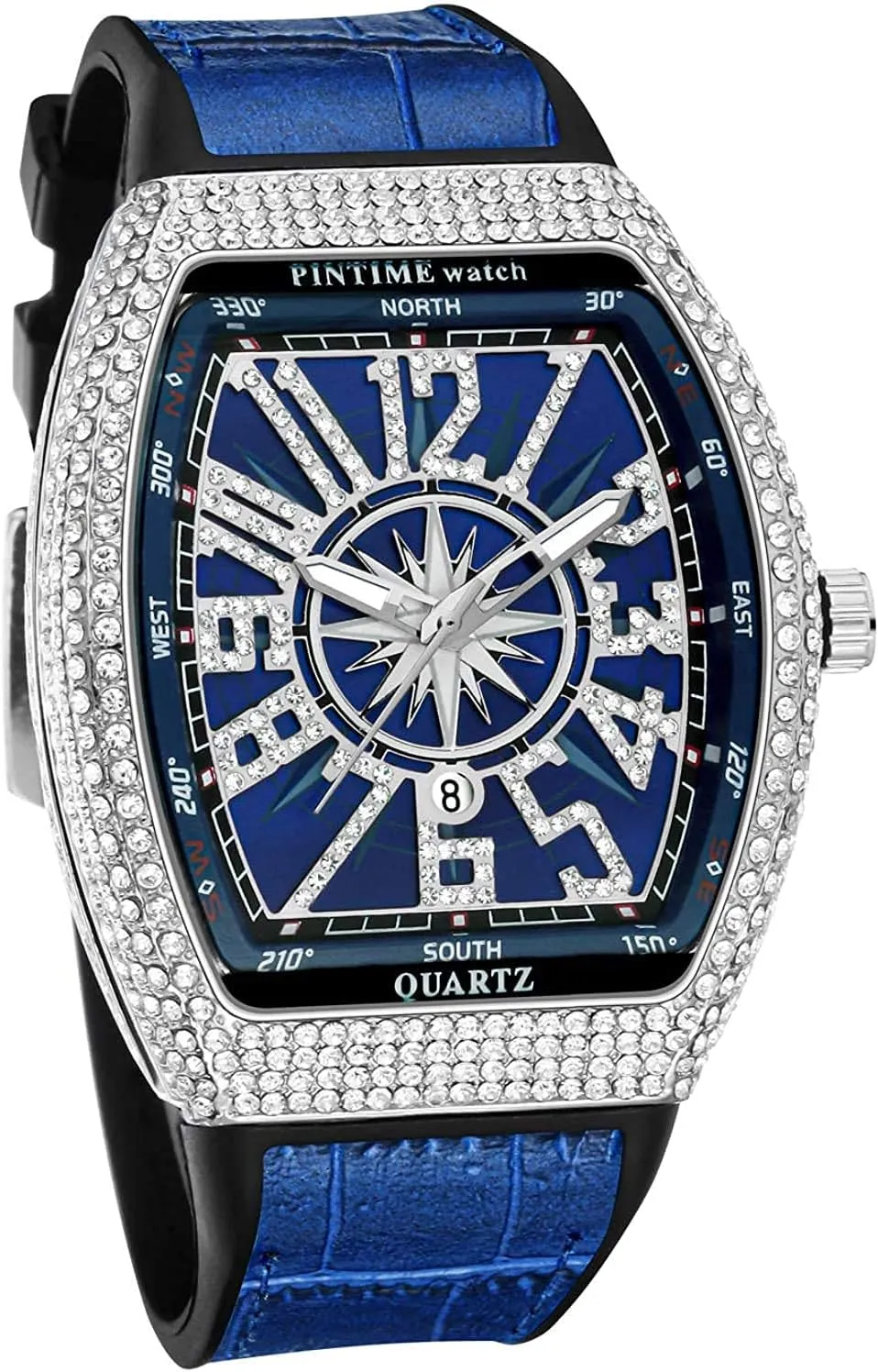 Gosasa Men's Fashion Cool Unique Tonneau Watch Bling Crystal Rhinestone Quartz Wristwatches with Rubber Strap