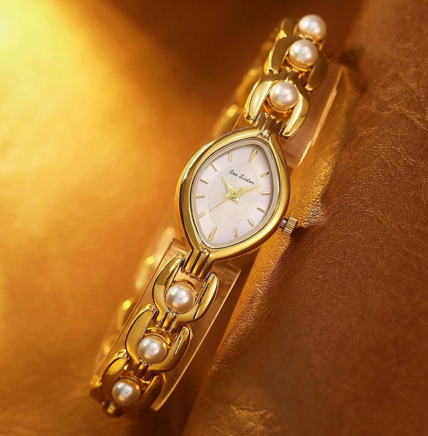 Gosasa Vintage Pearl Bracelet Watch for Women Elegant Small Oval Dial Jewelry Wristwatch Waterproof Dainty Gold Ladies Gift Watch for Mom Wife