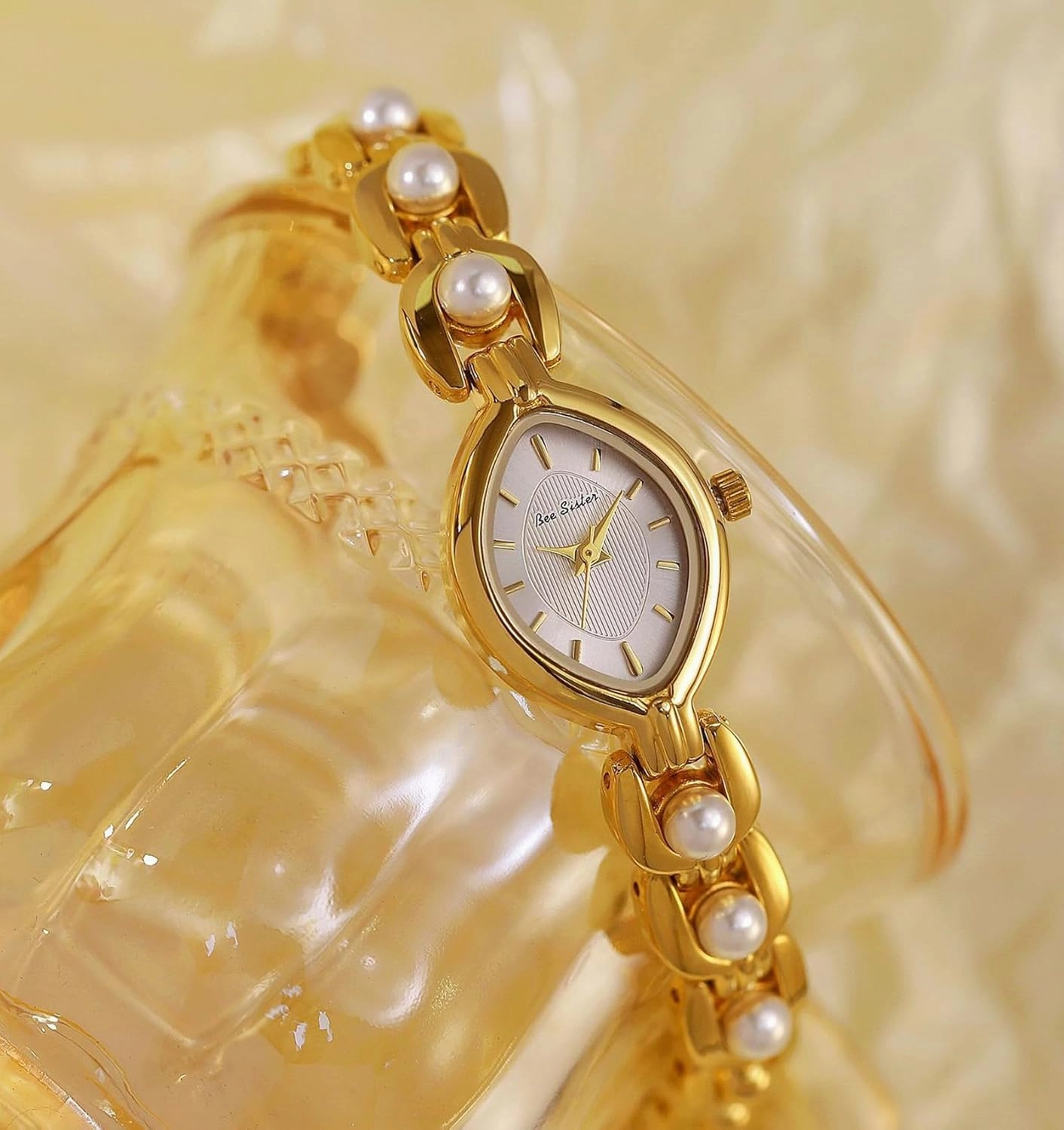 Gosasa Vintage Pearl Bracelet Watch for Women Elegant Small Oval Dial Jewelry Wristwatch Waterproof Dainty Gold Ladies Gift Watch for Mom Wife