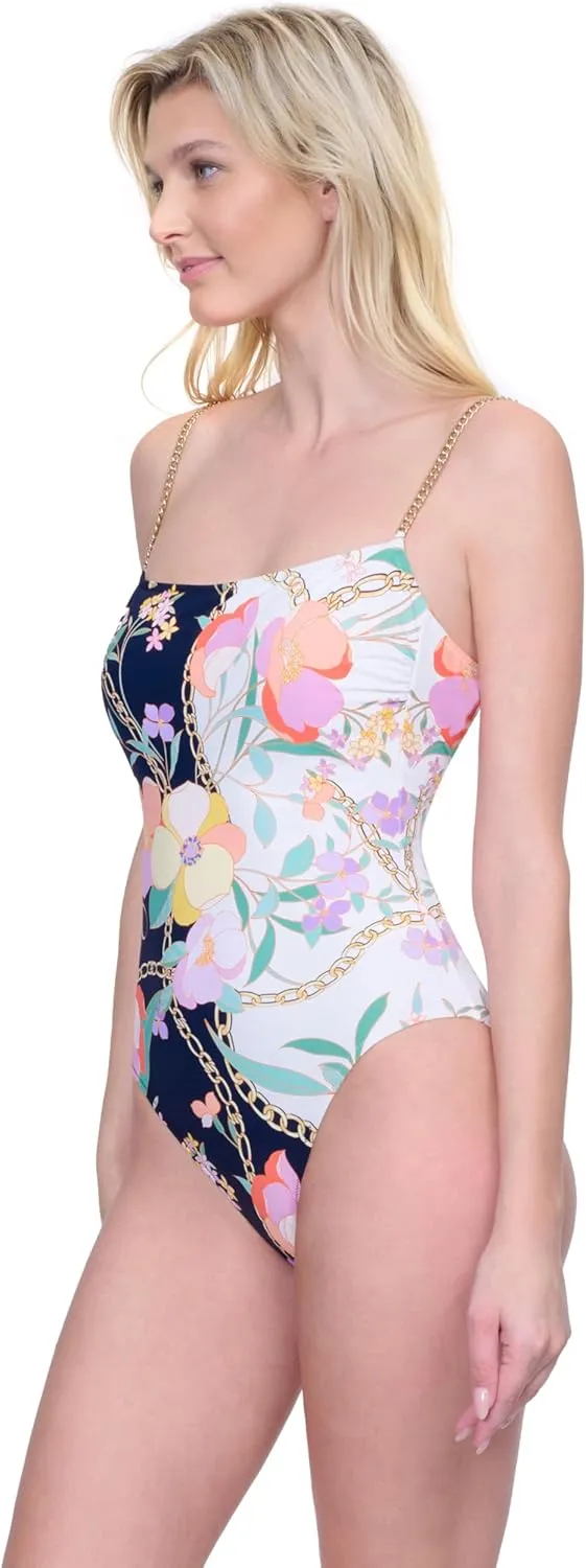 Gottex Memories of Capri Womens Multi Round Neck One Piece Swimsuit with Gold Chain Straps and Soft Cups Swim Essential