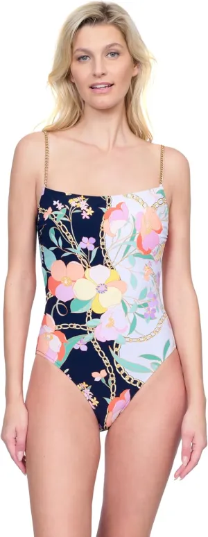 Gottex Memories of Capri Womens Multi Round Neck One Piece Swimsuit with Gold Chain Straps and Soft Cups Swim Essential