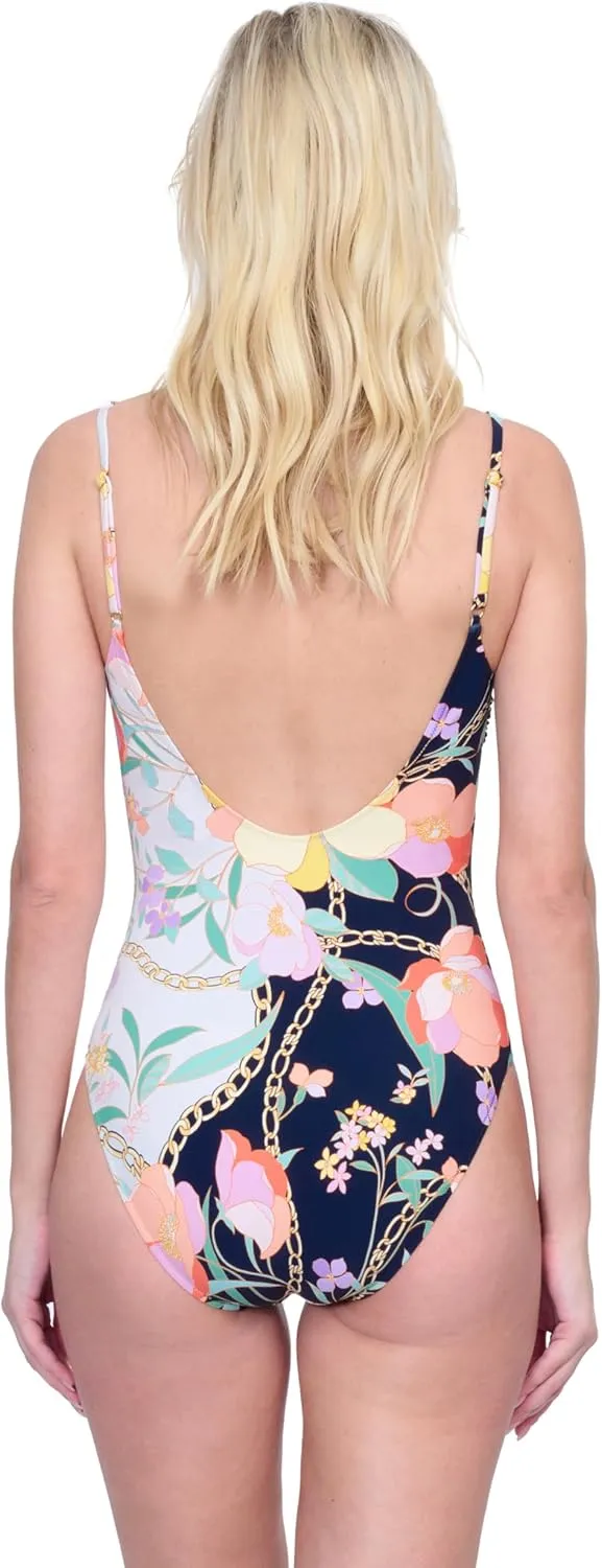 Gottex Memories of Capri Womens Multi Round Neck One Piece Swimsuit with Gold Chain Straps and Soft Cups Swim Essential
