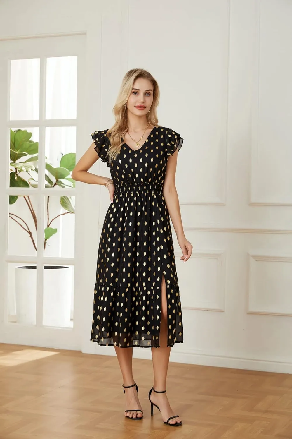 GRACE KARIN Women's V Neck Ruffle Sleeve Summer Dress 2025 Split Flowy Tiered Midi Dress Wedding Guest Cocktail Dresses